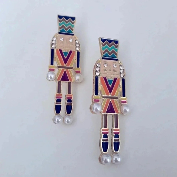 Large Gold Multicolor Colorful Nutcracker Stud Earrings NWT - Picture 3 of 4